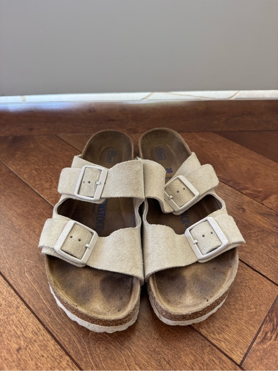 Birkenstock Shoes - Birkenstock Arizona White Suede Sandals White Buckles Size 38